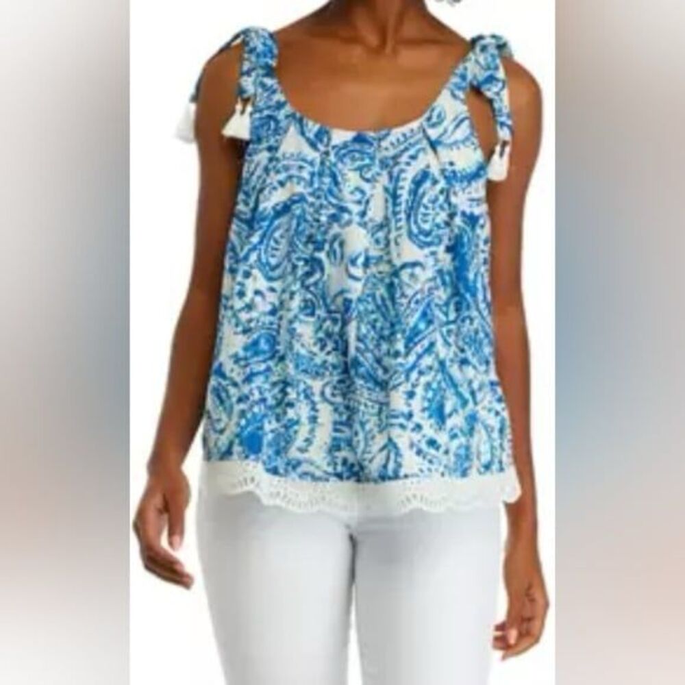 Cupio Bohemian Eyelet Cotton Tank Tassel Shoulder Ties Large